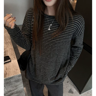 工厂秋冬磨毛内搭打底衫女中长款百搭条纹圆领设计感正肩保暖上衣