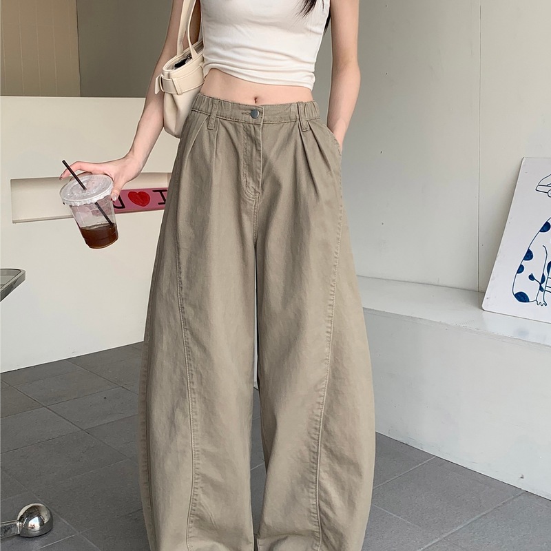 美式复古卡其色弯刀裤做旧牛仔裤女秋季显瘦百搭宽松阔腿外贸代发|undefined