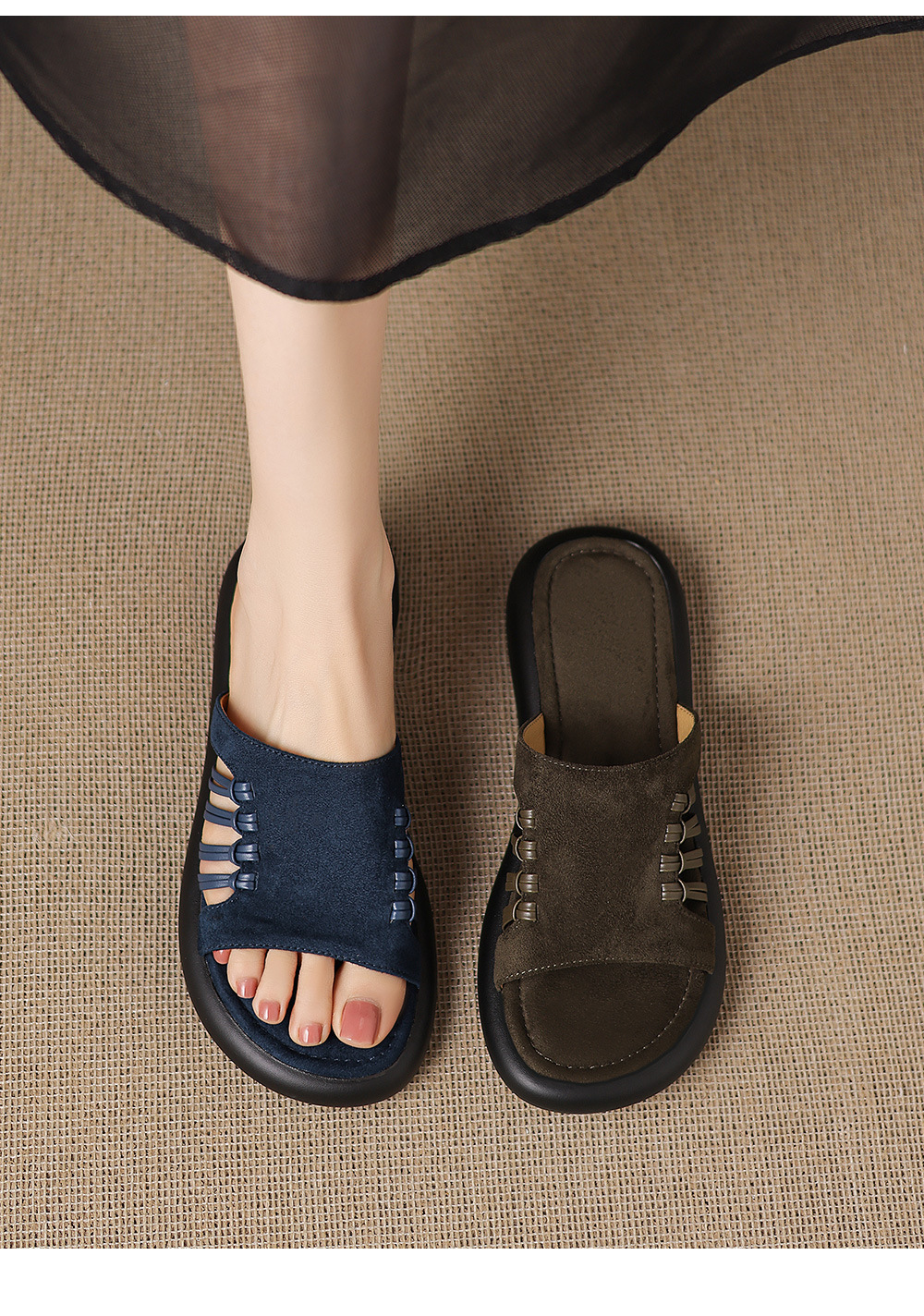 Dép sandal nữ đế dày hở ngón quai chữ V phong cách vintage — Màu xanh da trời chi tiết 2
