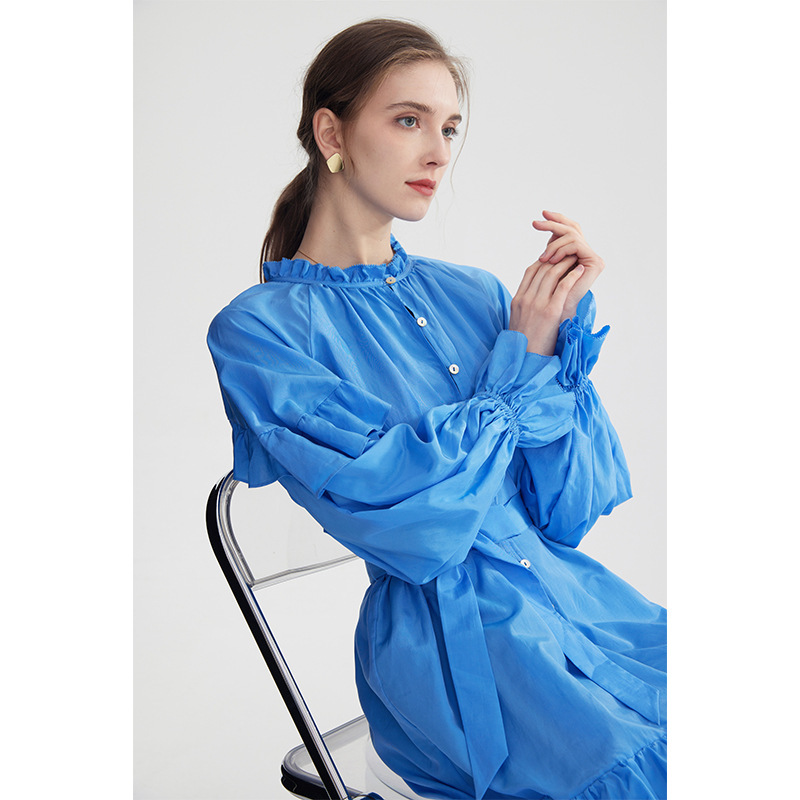 Long-Sleeved Dress, Summer French Style, Blue Mulberry Silk, Slim Fit, Niche Style, Sun Protection, Mid-Length, Slimming, Irregular Skirt