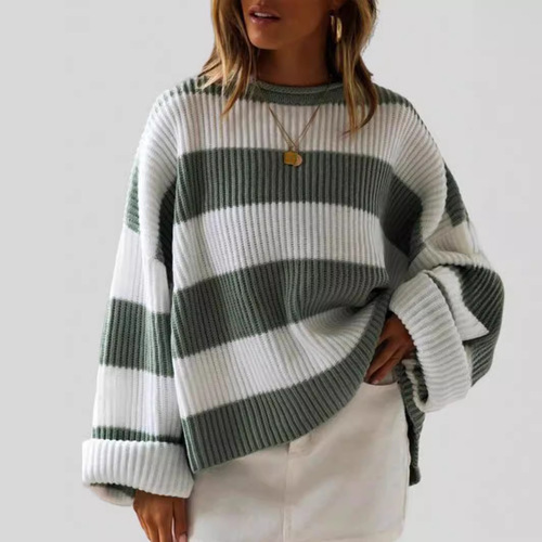 Autumn/Winter Retro Color Block Striped Sweater Loose Round Neck Lazy Style Knit Top