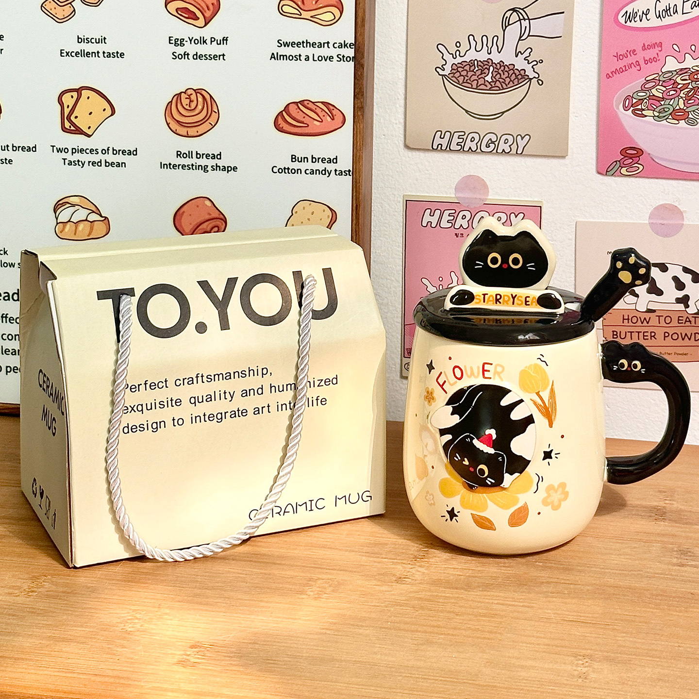 Cute gato cerámica taza con cubierta taza de cuchara de taza de agua de alto valor para niñas taza de regalo de cumpleaños casera taza de pareja