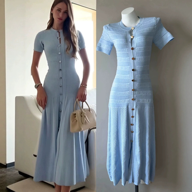 S Brand French-Style Summer New Women's Clothing Single-Breasted Knitted Dress Elegant and Fashionable Slim-Fit Waist-Cinching Long Dress S Brand French-Style Summer New Women's Clothing Single-Breasted Knitted Dress Elegant and Fashionable Slim-Fit Waist-Cinching Long Dress