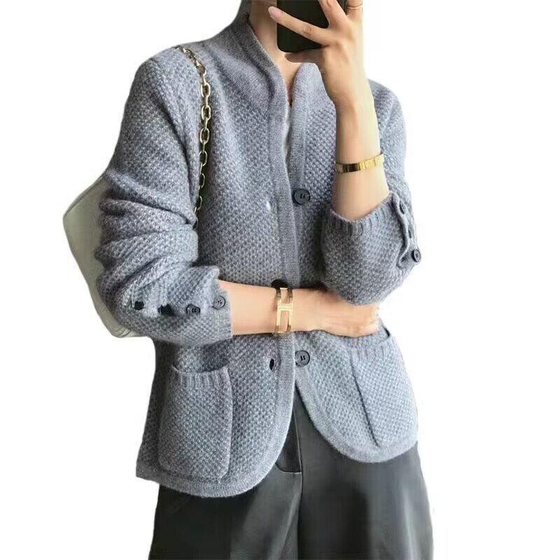 秋冬季日韩新款打底针织衫女时尚洋气开衫立领纯色加厚毛衣外套|undefined