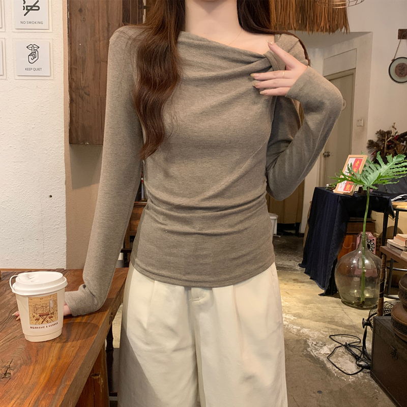 2025早秋季新款斜领上衣褶皱修身设计感长袖辣妹T恤女内搭打底衫|undefined