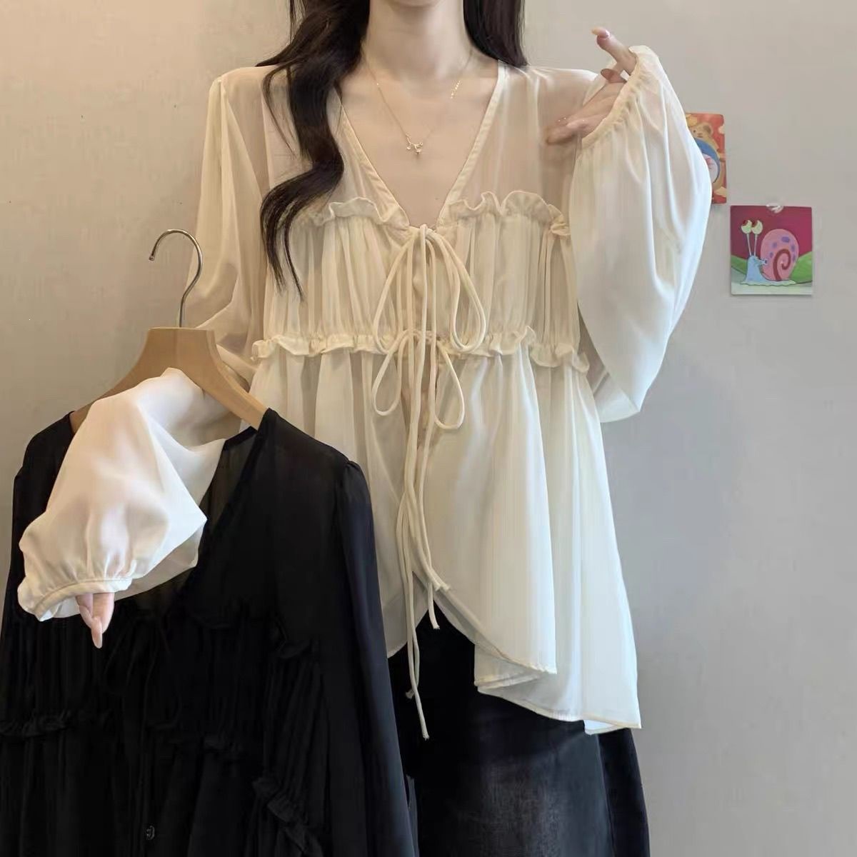 Women's 2026 Autumn New Style French Collar Chiffon Blouse Top, Slimming and Flattering, Early Autumn Black