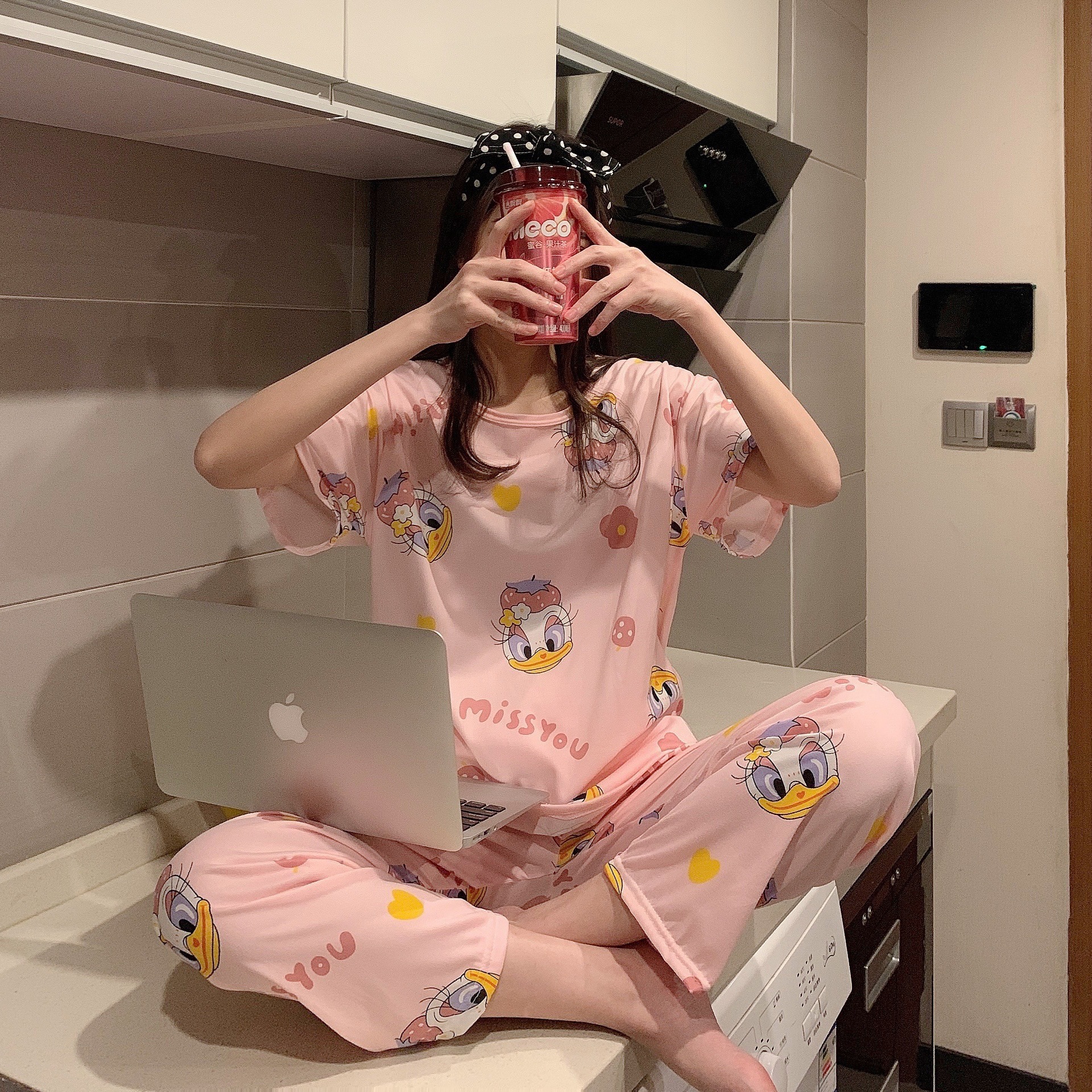 Pijamas primavera y otoño de las mujeres de verano Pantalones de manga corta más el tamaño flojo estilo coreano fresco lindo estudiante dulce traje de desgaste para el hogar