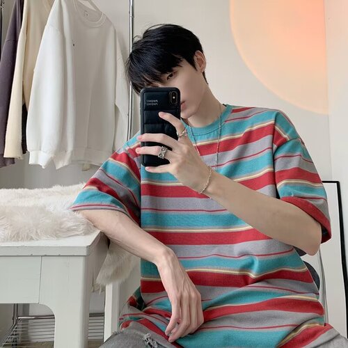 Men's Color Block Striped Short Sleeve T-Shirt, Cotton, 2024 Summer New Hong Kong Style Retro Streetwear Half Sleeve Loose Casual Top