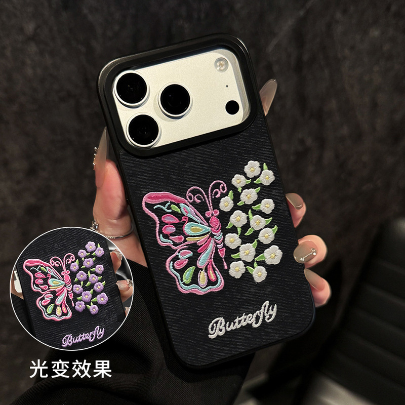 Light-Sensitive Color-Changing Embroidered Butterfly Case Suitable for iPhone 16 Pro, Creative Design for iPhone 13, Premium for iPhone 15/14
