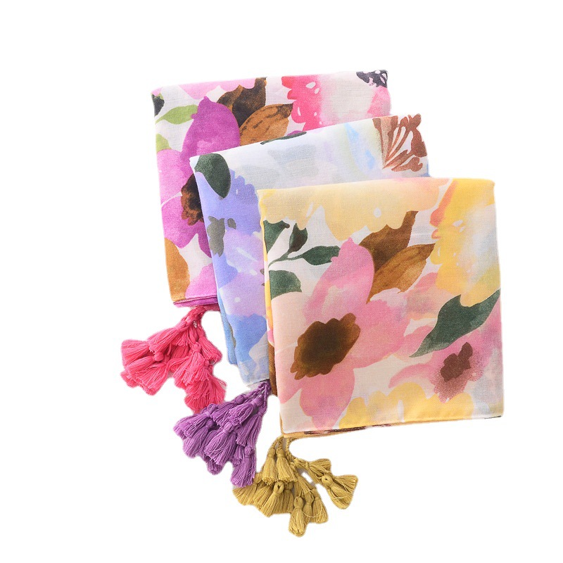 2022 estilo coreano Dongdaemun estampado floral fresco decorativo de algodón y lino se siente bufanda de moda todo fósforo aire acondicionado chal de seda