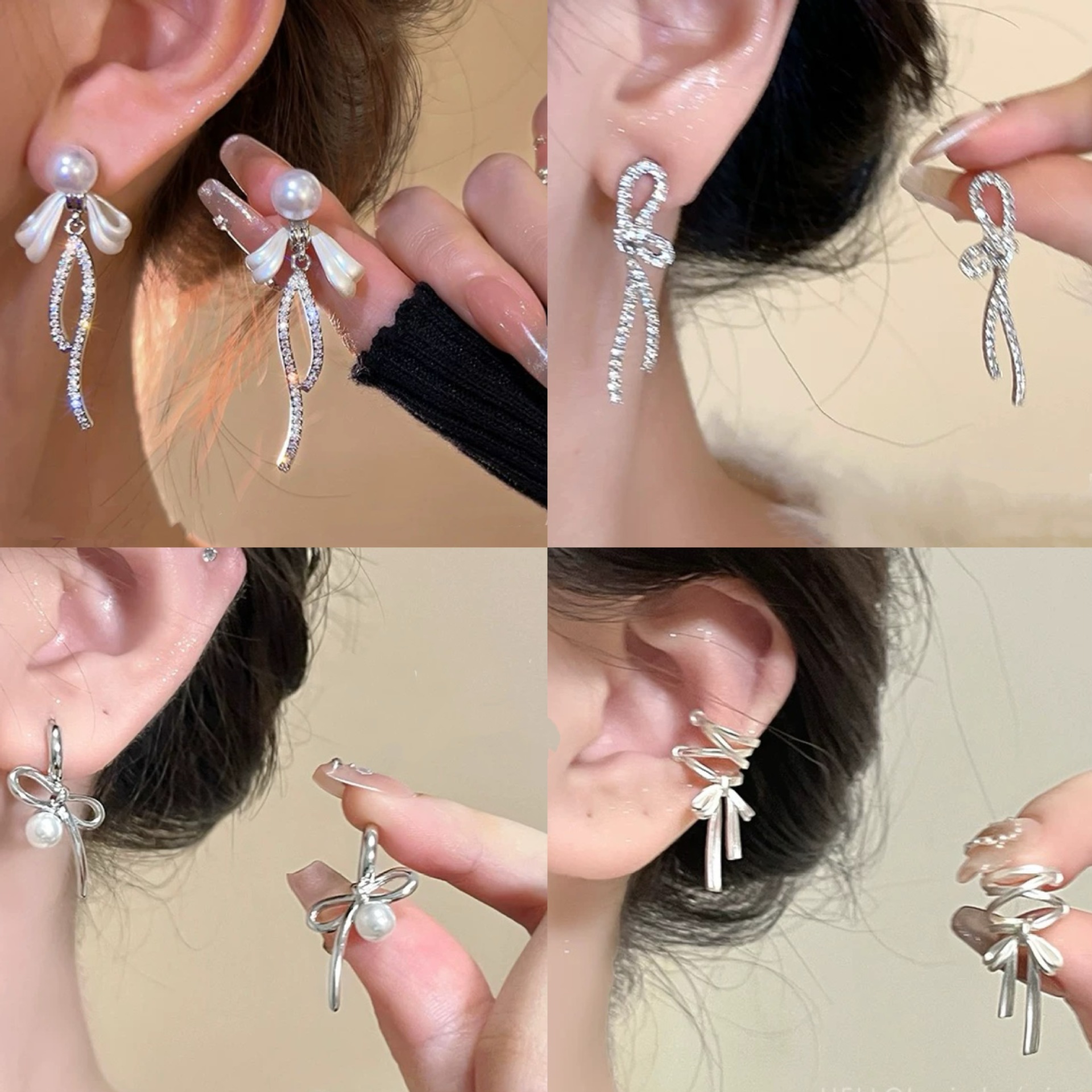 Aguja de plata Pendientes de lazo de diamantes coreanos Pendientes de temperamento de moda de todo fósforo Pendientes de diseño de nicho Sentido de lujo ligero