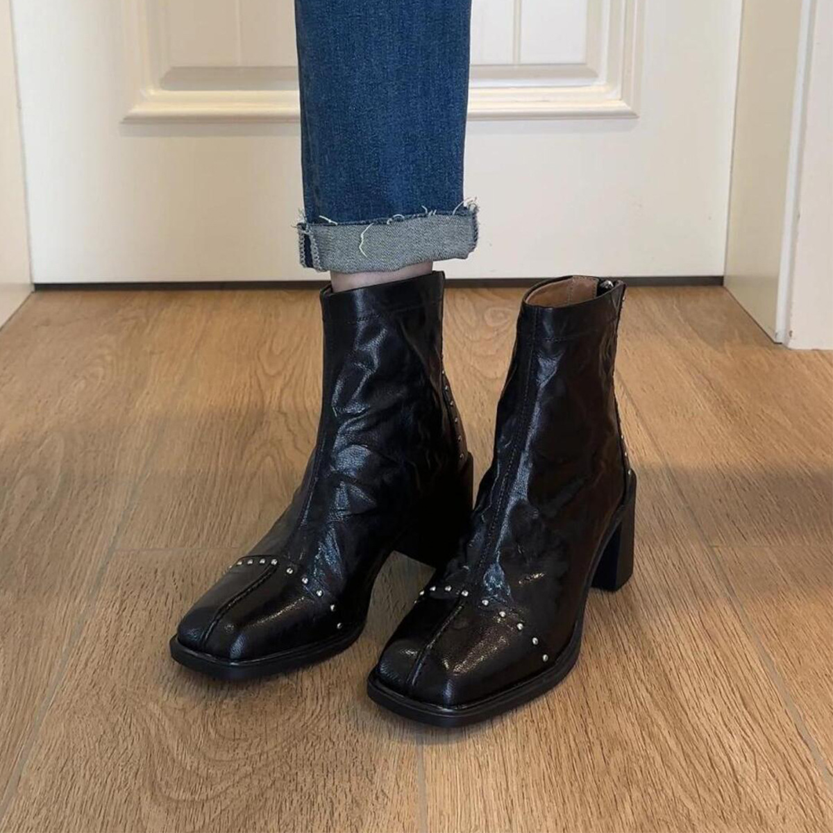 牛皮版~方头褶皱高跟瘦瘦靴女复古真皮铆钉后拉链短靴粗跟马丁靴