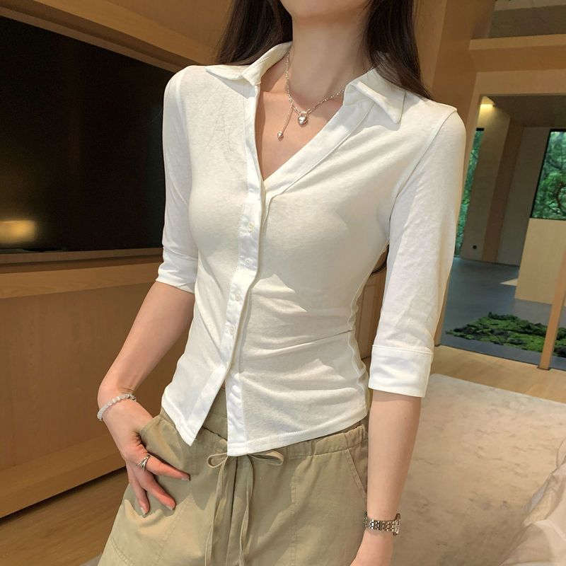French-Style Unique and Exquisite White Thin Mid-Sleeve Shirt for Women, 2025 Summer New Model, High-End Chic and Distinctive Top French-Style Unique and Exquisite White Thin Mid-Sleeve Shirt for Women, 2025 Summer New Model, High-End Chic and Distinctive Top