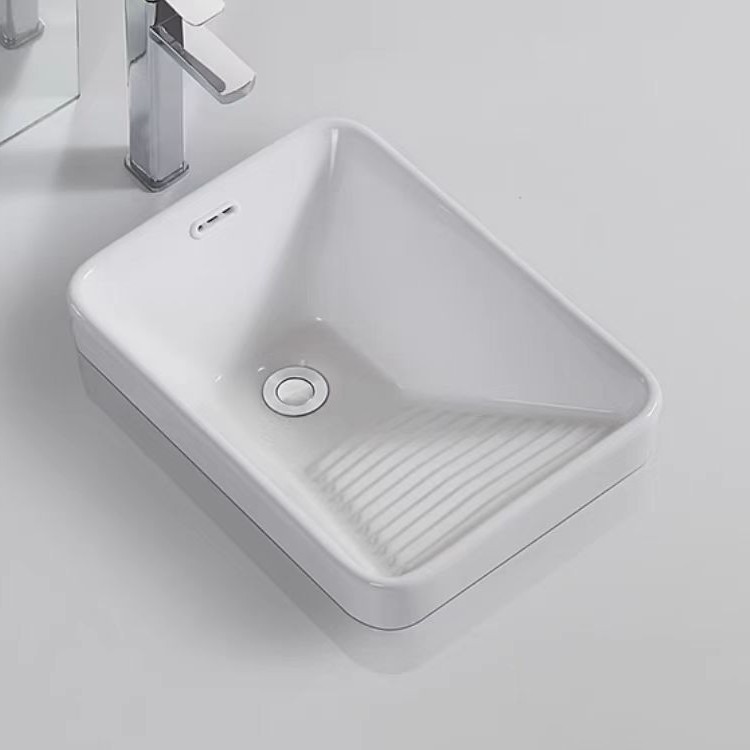 Small Household Balcony Single Basin Ceramic Laundry Basin Semi-Embedded Countertop Basin with Washboard Laundry Sink