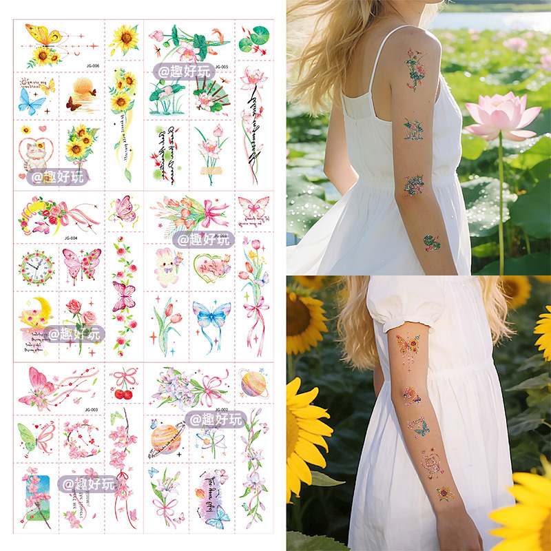 Fresh and Simple Instagram-Style Colorful Glitter Butterfly Floral Tattoo Stickers for Women, Waterproof and Long-Lasting Temporary Tattoos for Collarbone and Arm