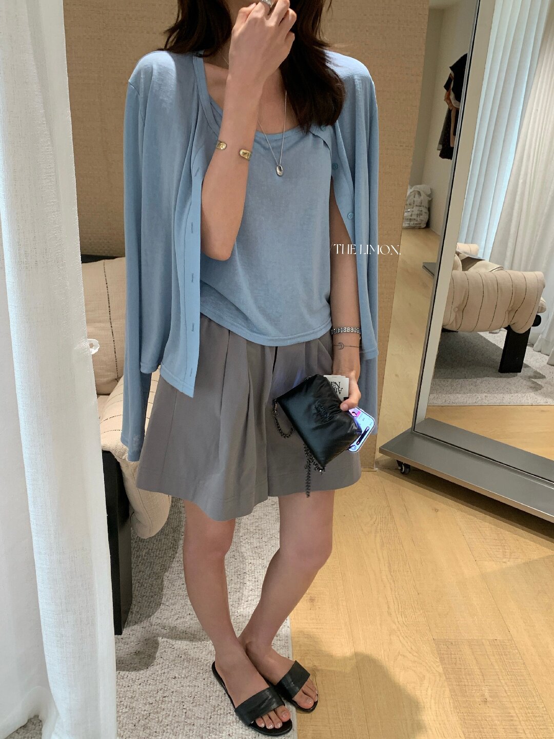 Bộ cardigan len mỏng kèm áo hai dây hai mảnh nữ mùa hè — Xám cacbon, xanh lam, màu hồng, Đậu xanh chi tiết 82