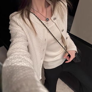 Gentle Nirvana * Early Autumn Temperament High Sense Heavy Industry White Knitted Chanel Style Coat for Women