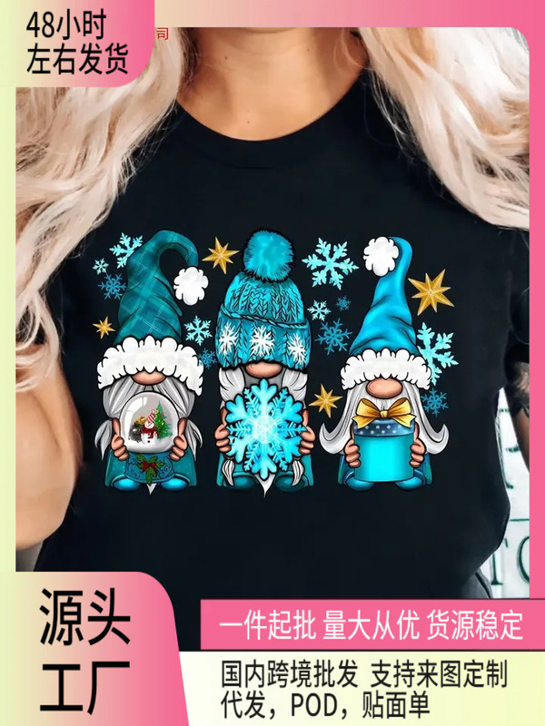 European Size Cotton t Women's Christmas Gnome Pattern T-Shirt Short-Sleeved Round Neck Casual Top Washed Holiday Party T-Shirt