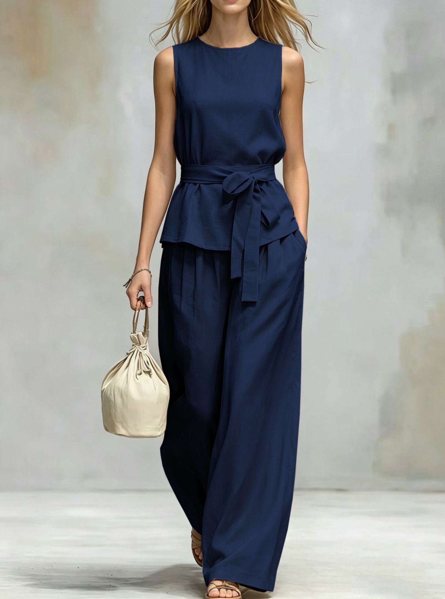 Women's Clothing Women's Spring Summer Two Piece Set Sleeveless Top And Belted Pants Casual Solid Color Style_ecoleips.com