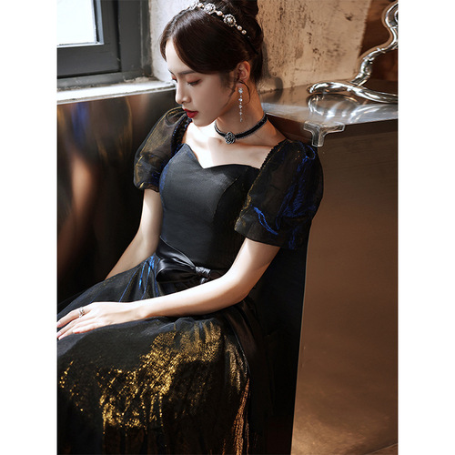 Black color Annual party evening dress women young girls French style stylish black host banquet cocktail banquet Art test dress skirt for women autumn and winter