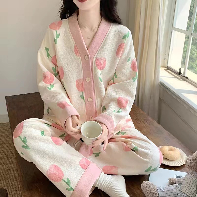 空气棉春秋款睡衣女简约休闲加厚薄款夹棉套装纯棉冬家居服可外穿|undefined