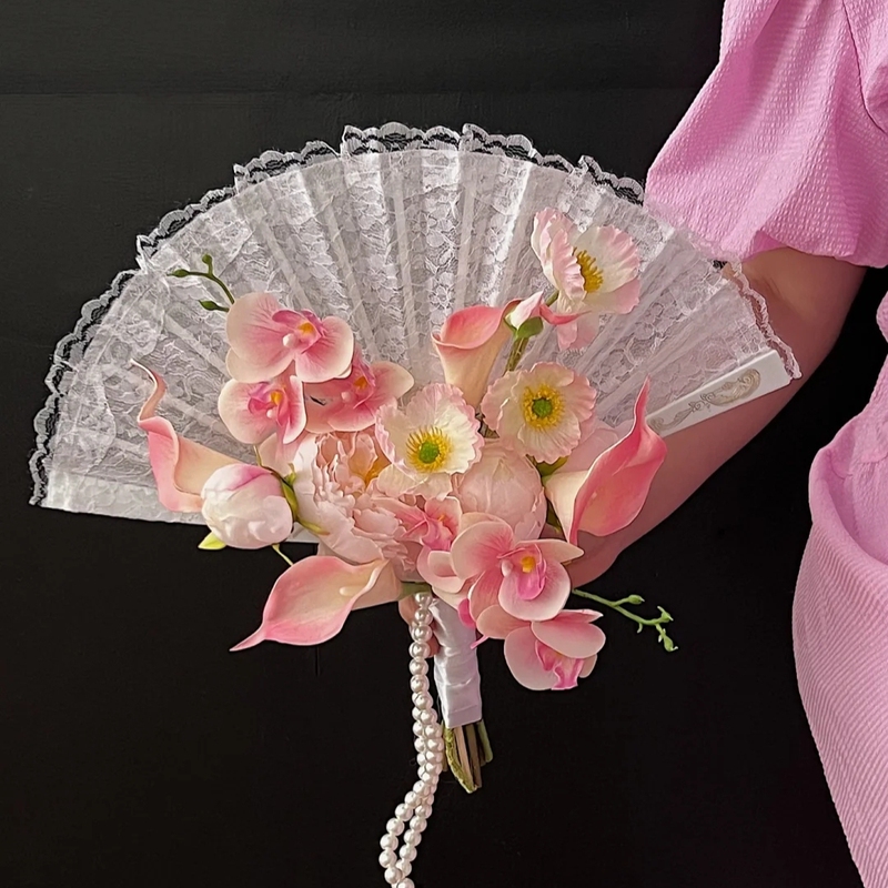 新中式新娘拍照道具蝴蝶兰折扇手捧花结婚古风婚礼迎亲晨袍扇子|undefined
