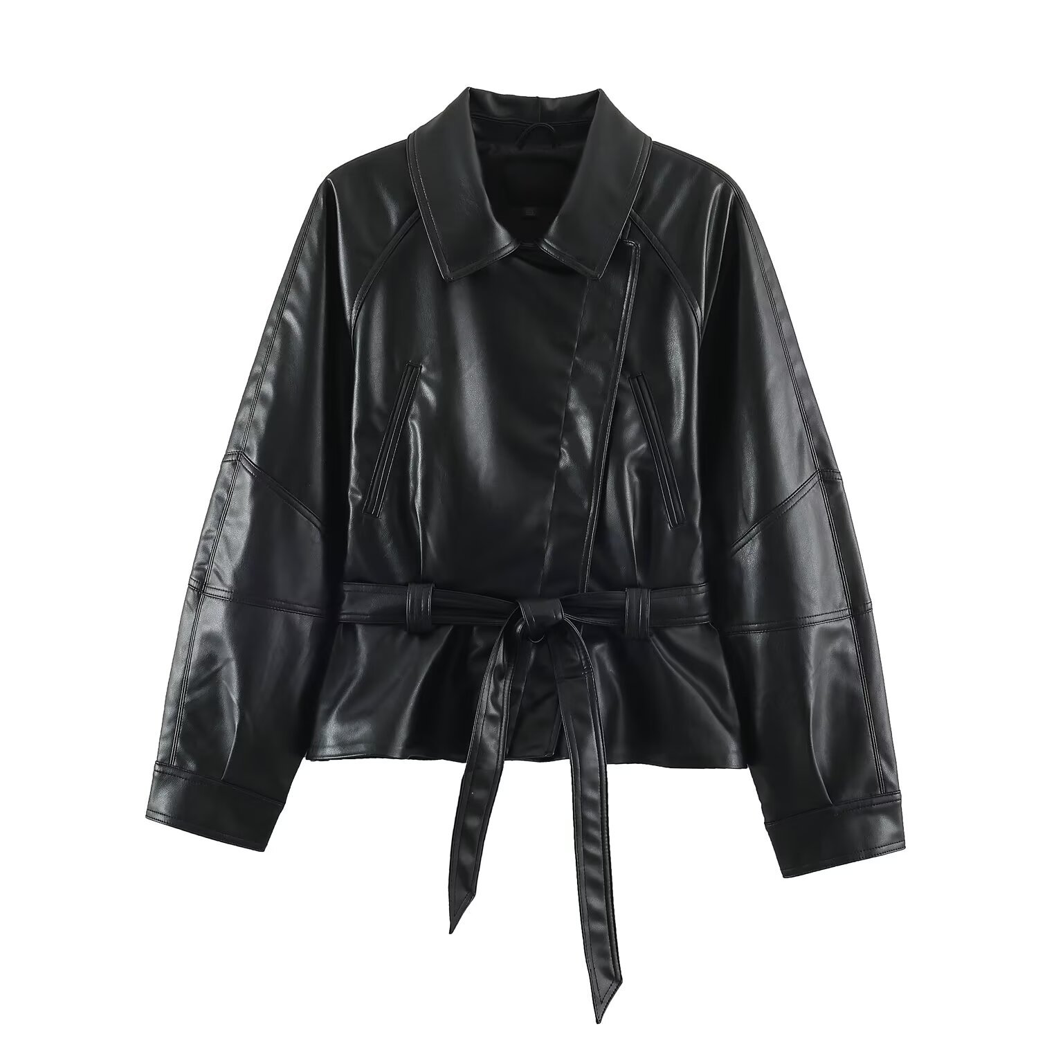 Qadın süni dəri kəmərli jaket, payız modeli