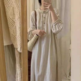 新款日系复古棉麻长袖连衣裙女2025秋文艺森系气质宽松垂感亚麻长