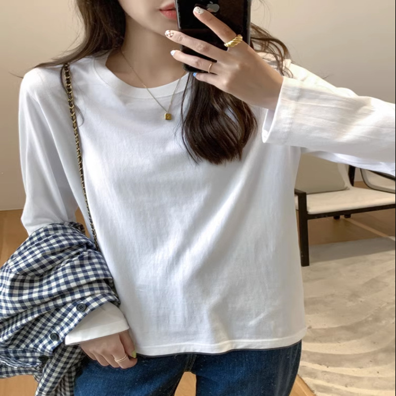 Damen Langarm T-shirt Aus Reiner Baumwolle Weißer Lockerer Pullover_voghion.com