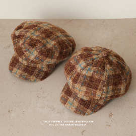 原创格纹帽子复古咖啡色贝雷帽秋冬美拉德格子八角帽马术帽报童帽