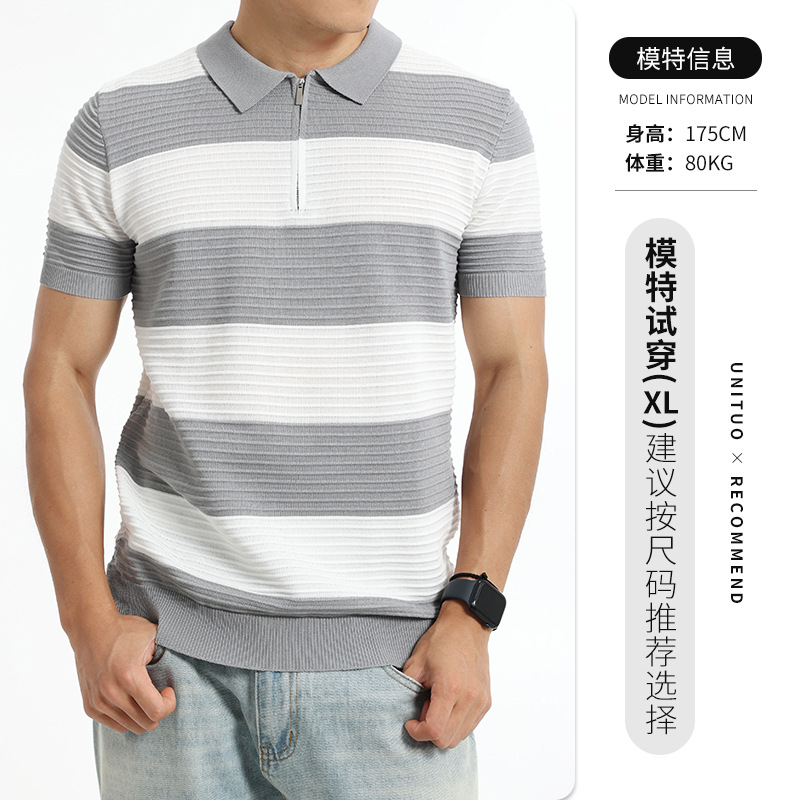 Camiseta de polo de seda de hielo de alta calidad de hombre de manga corta secado rápido medio abierto cremallera estriada agujero de negocios camiseta casual de hombre