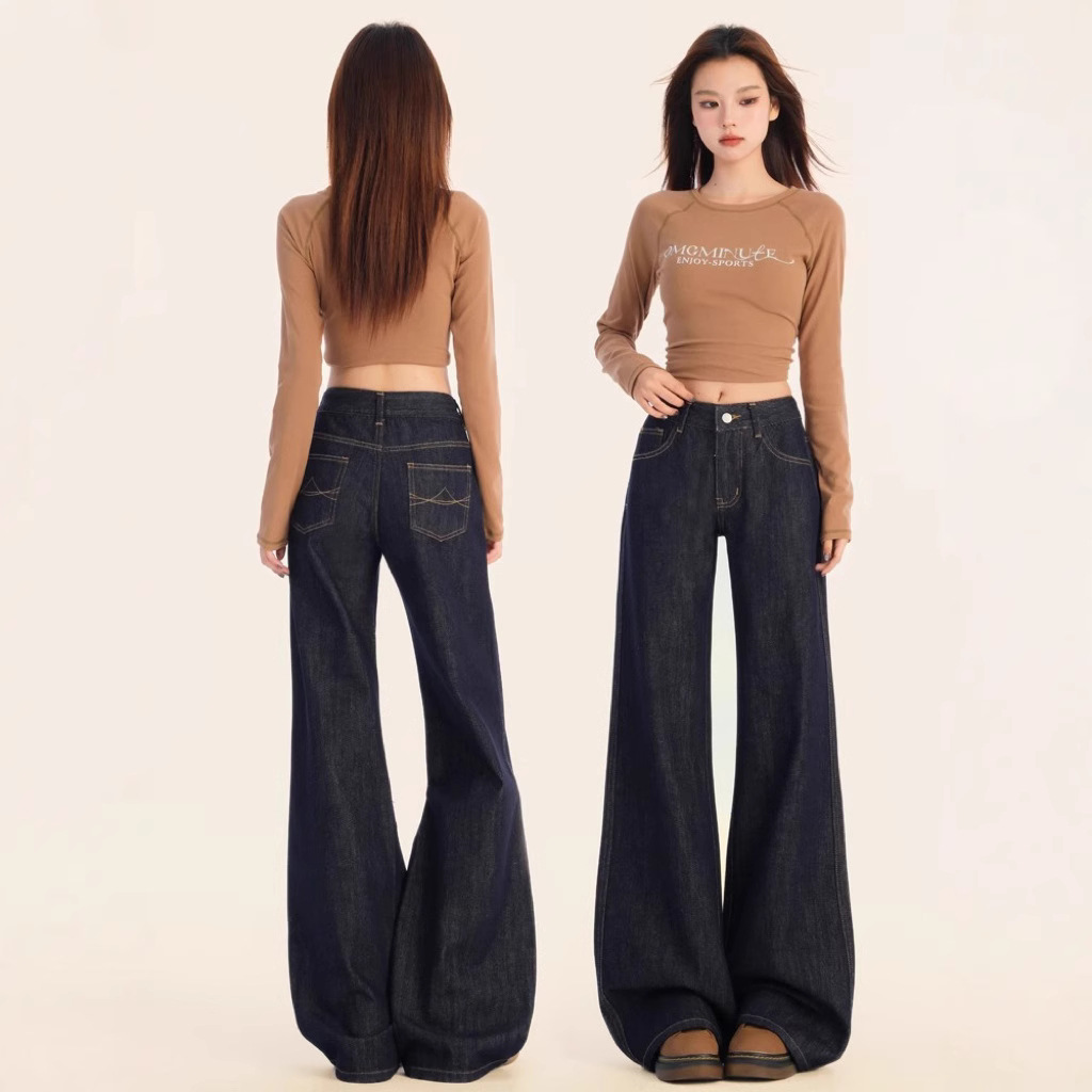 2025 New American Style Dark Blue Low-Waist Bootcut Jeans for Women, Loose and Slim Floor-Length Wide-Leg Pants for Small People