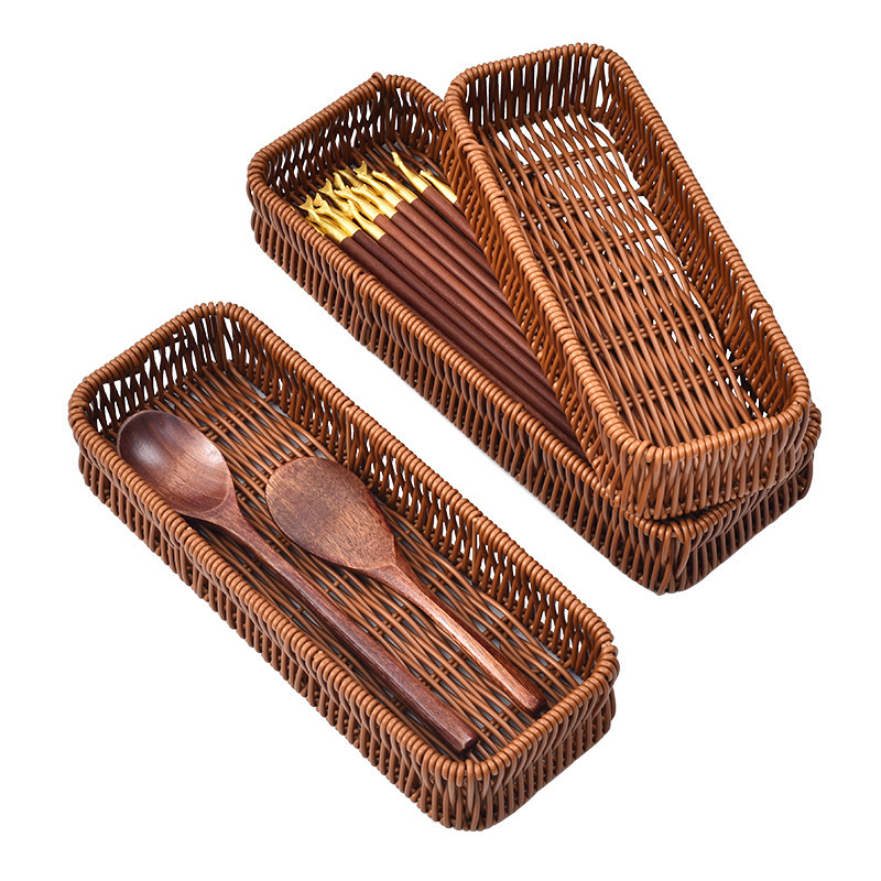 中古模造籐デスクトップ収納ボックスキッチン引き出し食器排水オーガナイザーボックスナイフ、フォーク、スプーン分離収納バスケット|undefined
