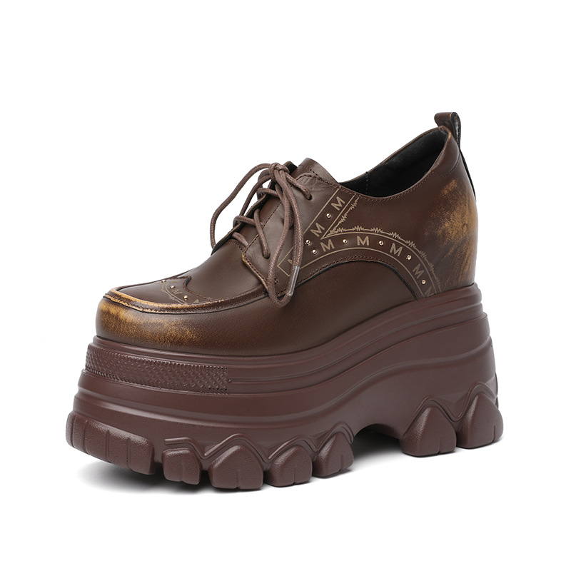 Giày sneaker nữ đế dày phong cách Anh quốc cổ điển, dây buộc, gót 12 cm — màu nâu