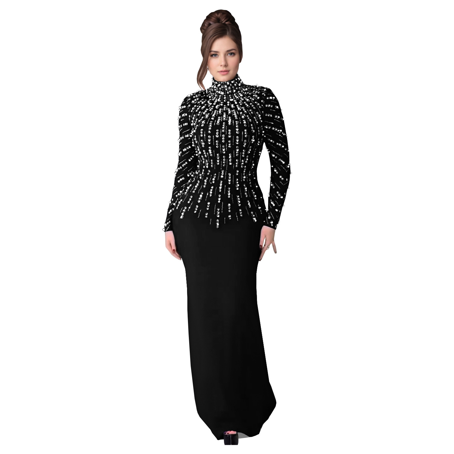 C7379 Cross-border AliExpress Amazon Moda europea y americana Vestido de brazo de bolso de perforación caliente con cuentas de manga larga para mujer image 5