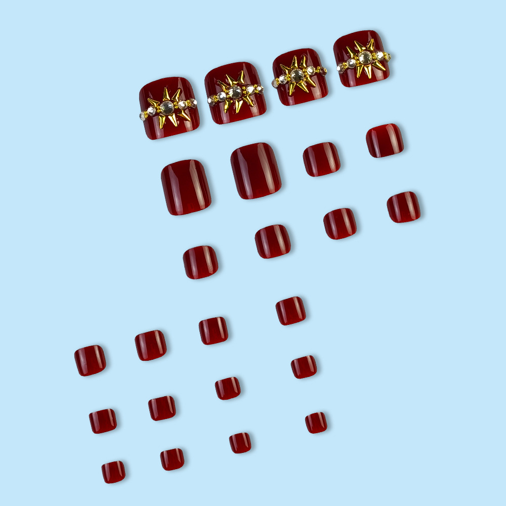 Uñas postizas para otoño e invierno, producto terminado, 24 piezas, uñas postizas con diamantes de imitación color cereza, pegatinas de uñas postizas. image 4
