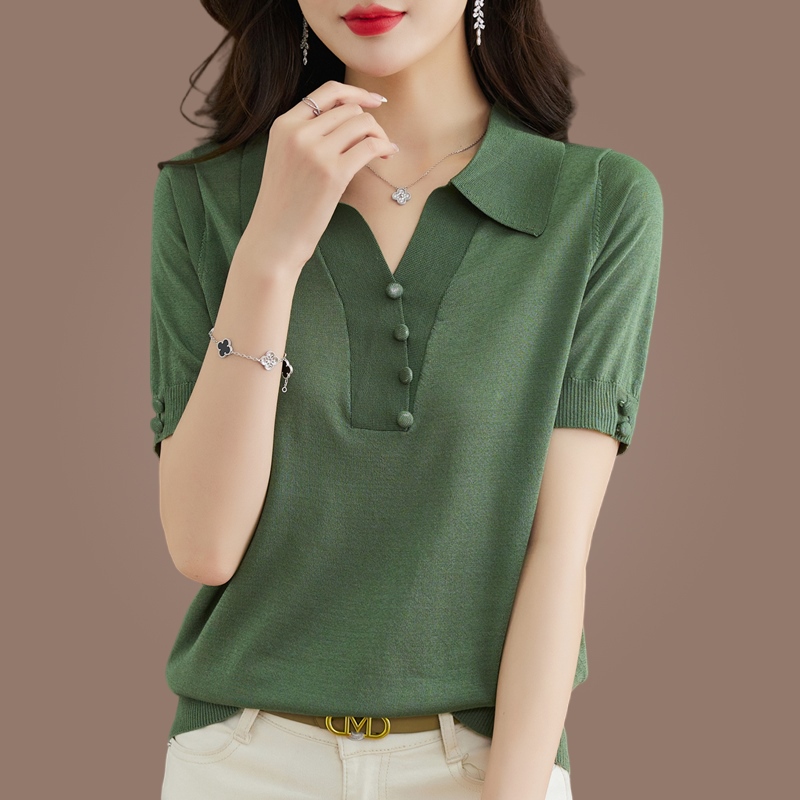 2023 Summer T-Shirt Led Knitted Short-sleeved Women's Summer Lapel Western-style Loose Slimming Ice Silk Top Small Shirt 2023 Summer T-Shirt Led Knitted Short-sleeved Women's Summer Lapel Western-style Loose Slimming Ice Silk Top Small Shirt