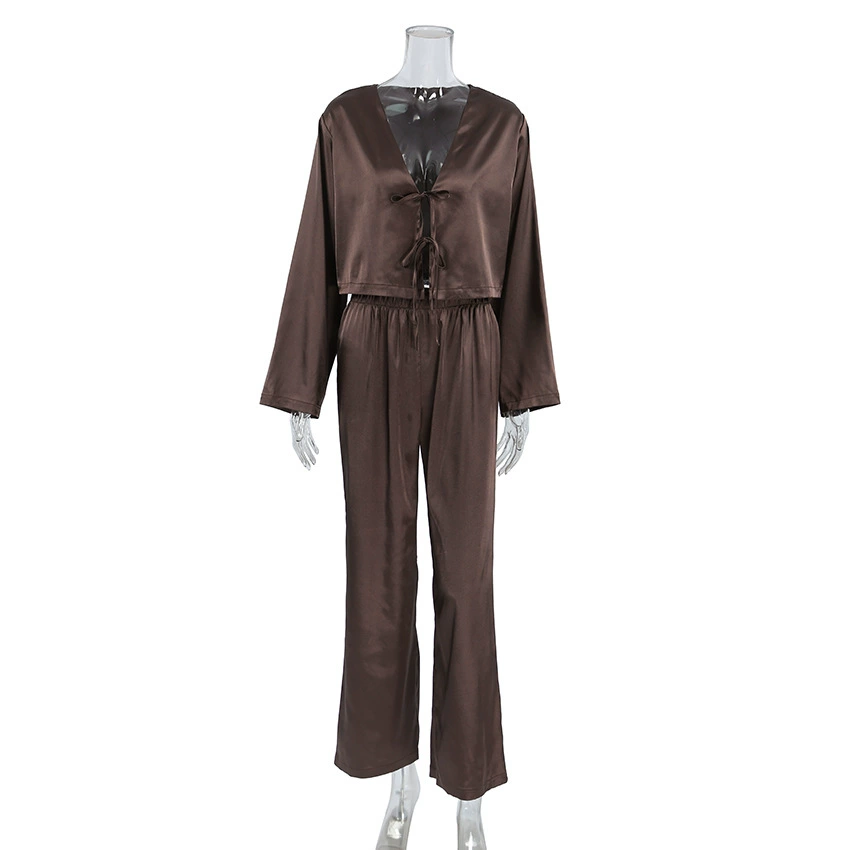 Summer long‑sleeve pajama set, trousers and top, European style, soft stretch (95% polyester)