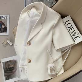 米白色短袖小西装外套女2024夏季新款网红通勤小个子短款小西服厂