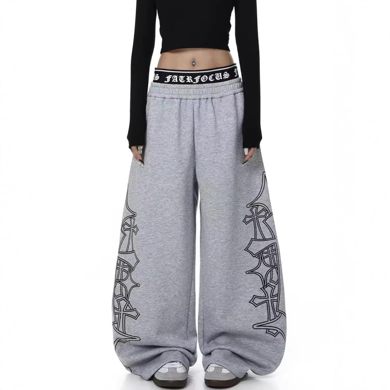 American Gothic Style Cross Print Double Waistband Sweatpants for Men and Women, Sporty Jazz Dance Design, Loose Straight-Leg Pants
