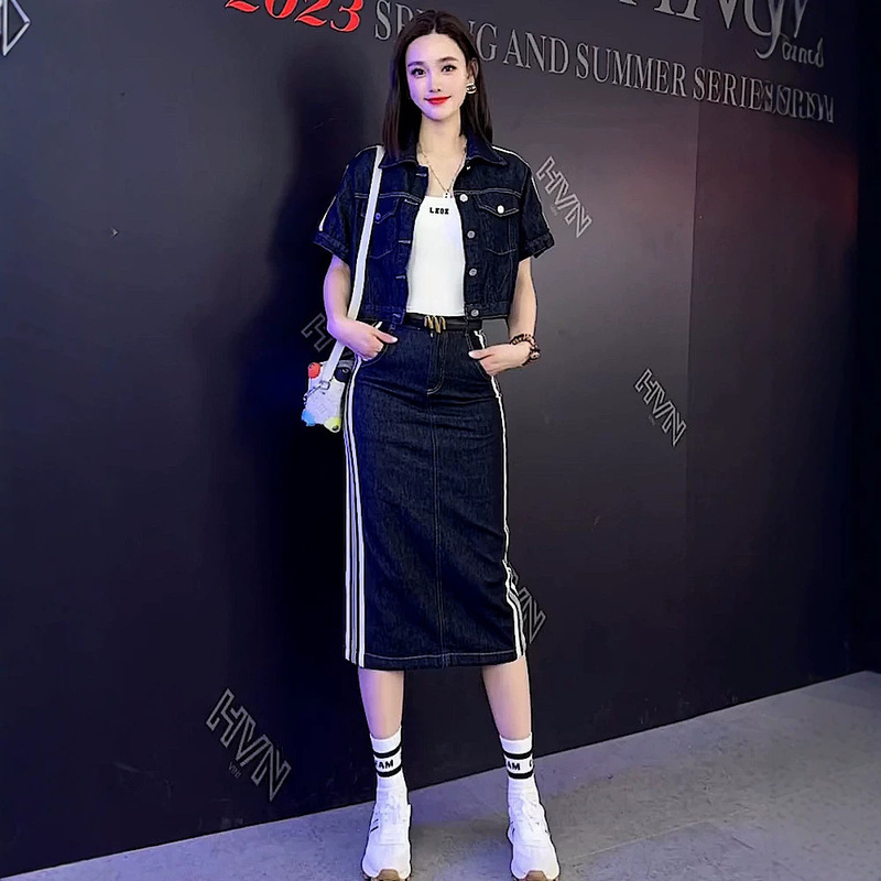 Black Fashionable Fried Street Skirt Spring and Summer New Pocket Button Denim Cardigan Short-sleeved Jacket Two-piece Women's Clothing