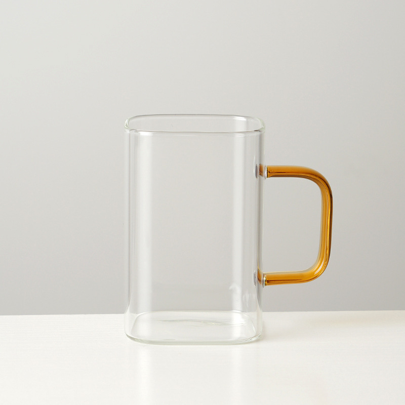 Taza de agua de boca cuadrada al por mayor, taza de vidrio cuadrada de borosilicato, taza de leche doméstica, taza de café con asa, taza de jugo simple