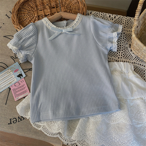 Korean Children's Summer 2024 New Bubble Sleeve Short-Sleeve T-Shirt and Lace Skirt Two-Piece Set