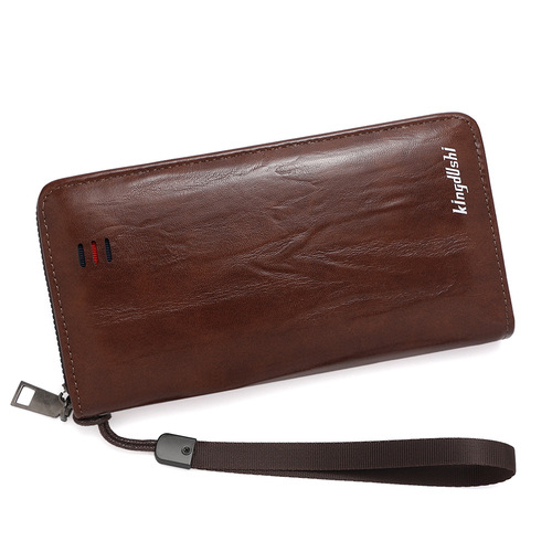 Cross-border retro waxed leather men's long zipper handbag large capacity multi-card slot phone bag for men money clip portable