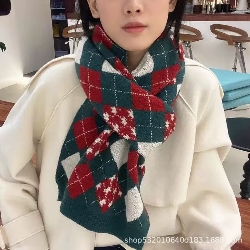 菱形格子围巾女冬季保暖百搭针织长款加厚日系学生毛线围脖S防寒