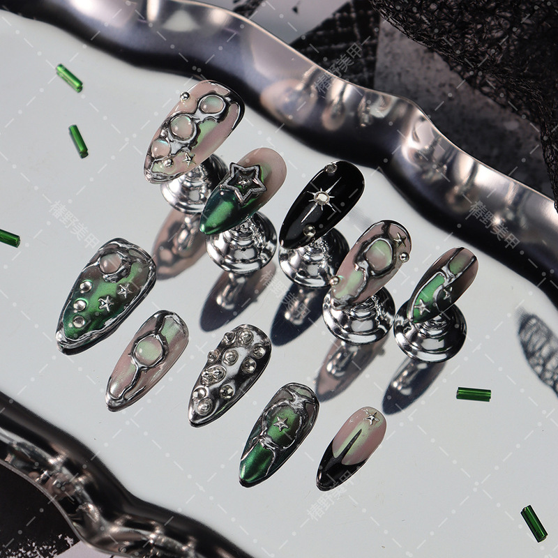 Popular Wearable Nail Art: Gothic Style Metallic Green Star, Six-Pointed Star, Silver Magic Mirror Powder, Cyberpunk Fake Nails