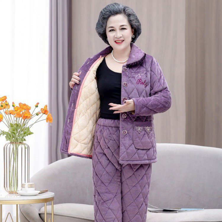 Middle-Aged and Elderly Autumn and Winter Three-Layer Velvet Thickeneded Quilted Coral Velvet Pajamas Flannel Home Clothes Set Plus Size
