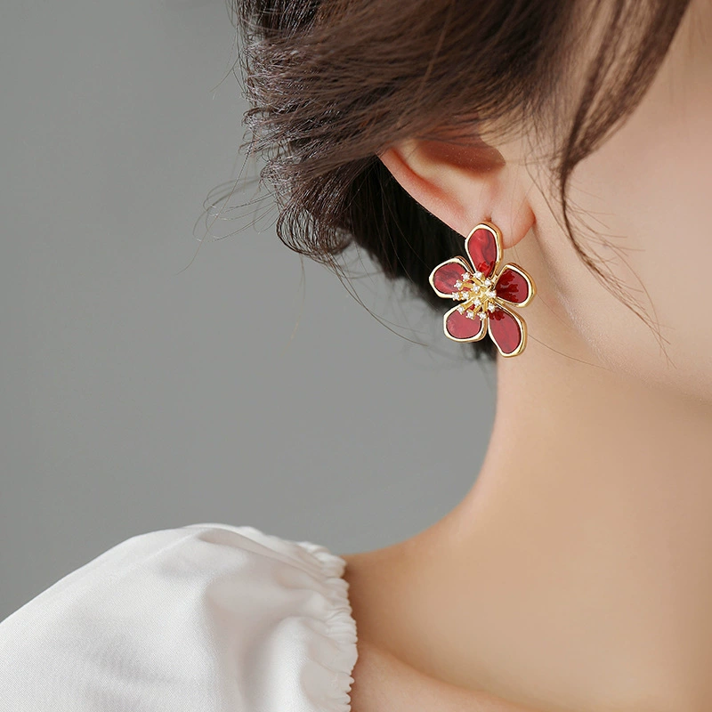Earrings with zircon, high-quality style, flowered
