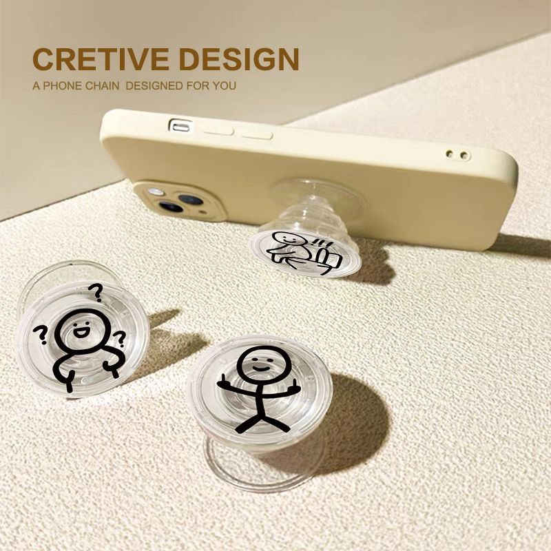 Líneas pequeñas personas redondas airbag soporte tipo pegado en la parte posterior del teléfono móvil portátil soporte retráctil 360 ° de rotación