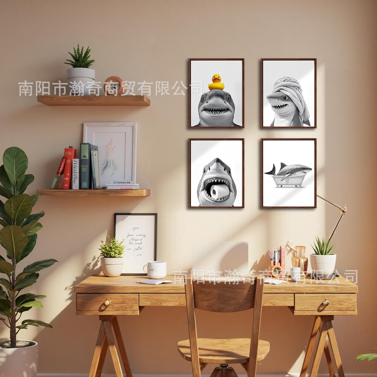 Fun Shark Bathroom Poster Cross-Border Cute Wildlife Art Painting Home Decoration Painting Core Can Be Made According to the Picture